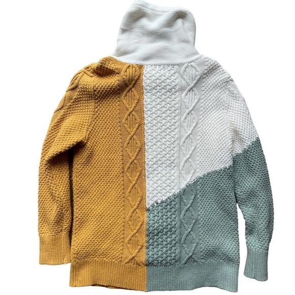 LL BEAN Cotton Funnel Neck Cable Knit Color Block Knit Sweater Size Large - Picture 4 of 6